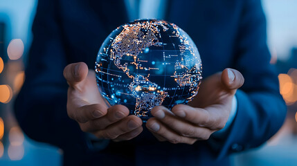 Poster - Businessman Holding Digital Globe in Hands with Global Connections