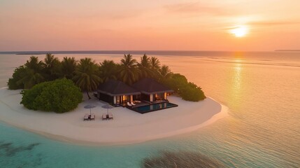 Wall Mural - breathtaking sunset over a tropical beach with a secluded wooden house and lush greenery