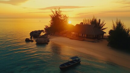 Wall Mural - breathtaking sunset over a tropical beach with a secluded wooden house and lush greenery