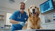 © Visual Craft - A compassionate veterinarian in a blue uniform examines a friendly golden retriever in a high-tech veterinary clinic.