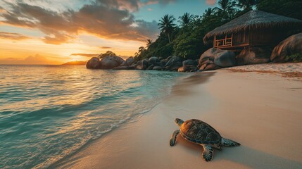 Wall Mural - tropical island beach view with a house and turtle swimming in clear waters near at sunset