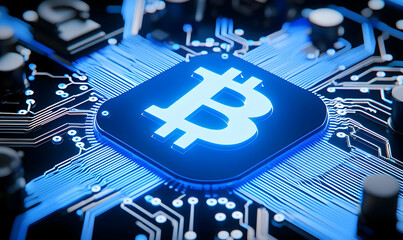Poster - Bitcoin Symbol on Circuit Board with Glowing Blue Connections