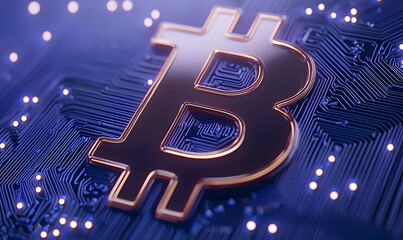 Poster - Golden Bitcoin Symbol on Futuristic Digital Circuit Background
