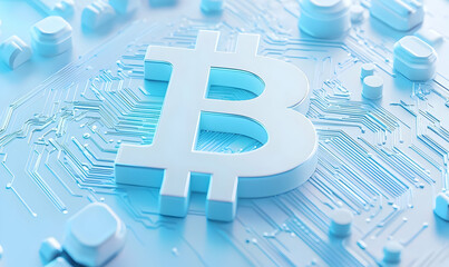 Poster - Abstract Bitcoin Symbol on Futuristic Blue Circuit Background