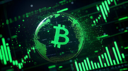 Poster - Digital World Map with Bitcoin Symbol on Green Financial Background