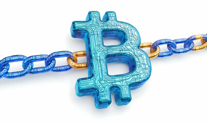 Poster - Abstract 3D Bitcoin Symbol with Chain Links on White Background