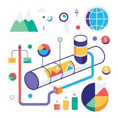 Poster - Raw data flows through a pipeline, undergoing transformation into clear visual representations. This process highlights the importance of data visualization for analysis