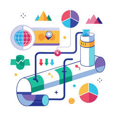 Poster - This illustration depicts a data pipeline system processing raw data into visual formats like charts and graphs, indicating analysis and insights. Various icons represent different data elements