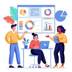 Poster - Colleagues engage in discussion while reviewing colorful dashboards and reports displayed on a screen. One team member works on a laptop, actively participating in the meeting