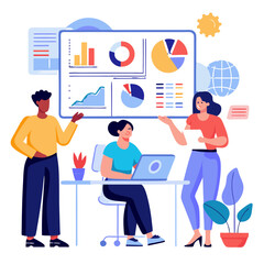 Poster - Three team members engage in a collaborative review of shared dashboards and reports. Using a laptop and visual aids, they discuss data insights and project findings