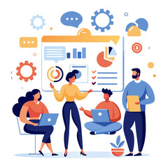 Poster - Group of professionals engage in a productive discussion while assisting customers. Visual tools like charts and graphs support their strategy to improve service efficiency