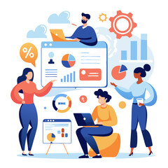 Poster - A diverse team collaborates in a modern workspace, assisting customers through a digital platform while analyzing data and creating engaging visuals to enhance the user experience