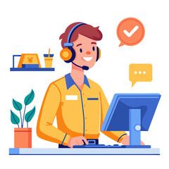 Poster - A technician is engaged in providing customer support from a neatly organized desk. He uses a headset and works on a computer while tools are visible nearby. The workspace is bright and inviting