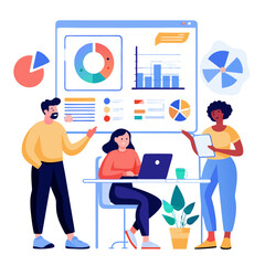 Poster - Group members engage in a detailed discussion while reviewing dashboards and reports displayed on a screen in a modern office. Collaborative efforts focus on data analysis