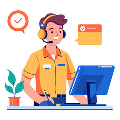 Poster - A technician engages in work at a cluttered desk, equipped with tools and wearing a headset. Bright office decor enhances focus and productivity during tasks