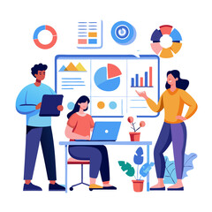 Poster - Group members are engaged in reviewing and discussing shared dashboards and reports around a desk in a contemporary office environment, showcasing various data visualizations