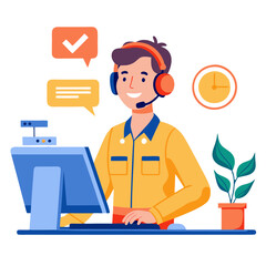 Poster - A technician is focused on his work at a desk filled with tools and a computer. He wears a headset and interacts with clients or colleagues, indicating a busy work environment