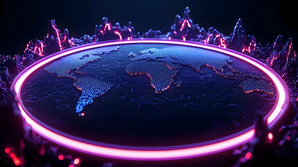 Poster - Futuristic Digital World Map with Neon Glow and Abstract Background