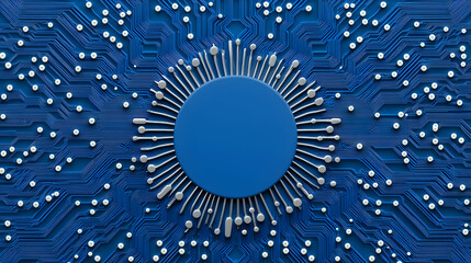 Poster - Abstract Blue Circuit Board with Central Microchip Design Elements