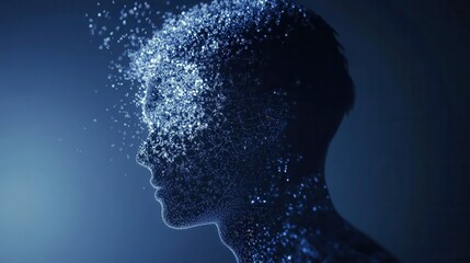 Aufkleber - Floating digital particles form a human silhouette in futuristic blue light representing AI driven politics Generative AI