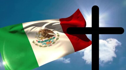 Poster - Waving Mexican flag with large black cross silhouette against blue sky