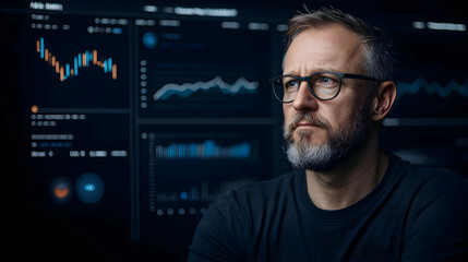 Poster - Professional Man Analyzing Digital Data on Business Trends and Statistics