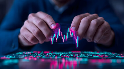 Poster - Hands Holding Transparent Chart with Colorful Data Analysis Background