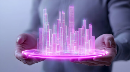 Poster - Futuristic Cityscape Hologram Held in Hands with Neon Glow Effect