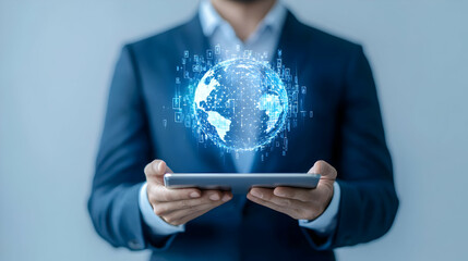 Poster - Businessman Holding Tablet with Digital Globe and Data Visualization