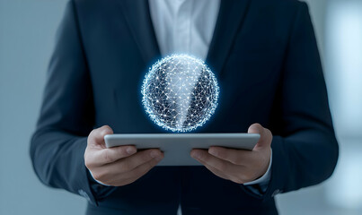 Aufkleber - Businessman Using Tablet with Digital Globe and Network Connections