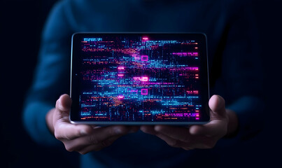 Poster - Digital Code on Tablet Display with Colorful Binary Data Flow