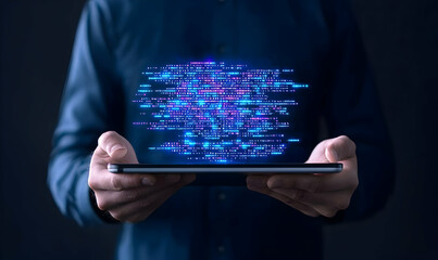 Poster - Man Holding Tablet with Digital Data Stream in Dark Background