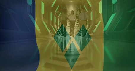 Poster - Walking in futuristic corridor, people with Saint Vincent and Grenadines flag animation