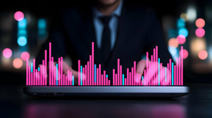 Poster - Businessman Analyzing Data with Colorful Bar Graph on Laptop Screen
