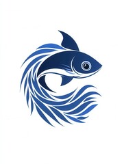 Aufkleber - Abstract fish logo featuring wave patterns in cool blue tones for aquatic themes Generative AI