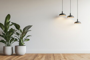 Aufkleber - A minimalist interior with a white wall, three hanging spotlights, and potted green plants on a wooden floor. Ideal for interior design, decor inspiration, and presentation backgrounds