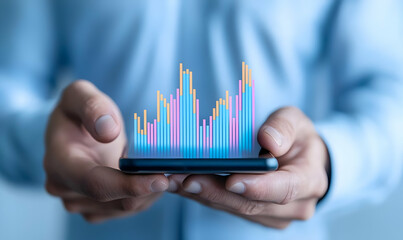 Poster - Male Hands Holding Smartphone with Colorful Data Visualization Graphic
