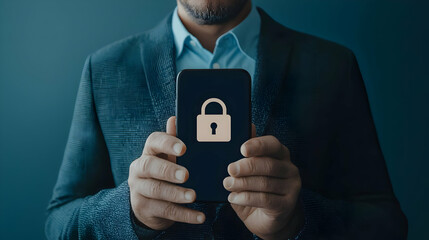 Poster - Man Holding Smartphone with Security Lock Icon on Dark Background