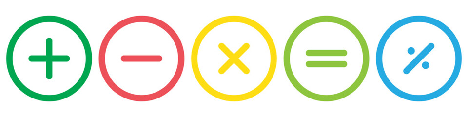 Poster - Plus, minus, multiply, divide and equal sign icon design set. Calculation and Mathematical sign symbol icon. Addition, subtraction, multiplication, division, equal sign, icon symbol.