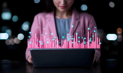 Poster - Woman Using Laptop with Digital Data Visualization at Night