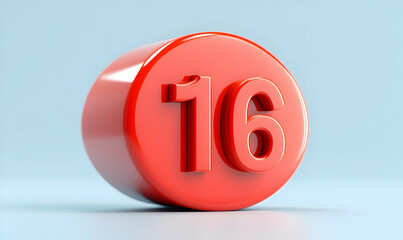 Poster - Bright Red Circular Number Sixteen on a Soft Blue Background