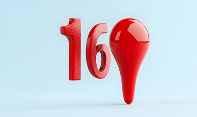 Poster - Red Number 16 with a Glossy Teardrop Shape on a Soft Background