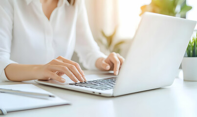 Poster - Woman Typing on Laptop at Bright Modern Workspace with Plants