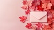 © elena - Autumn composition made of dried red maple leaf and envelope on pastel background. Fall and thanksgiving day concept. Top view. Flat lay