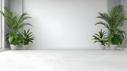 Poster - Minimalist Indoor Space with Green Plants and Empty Wall
