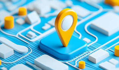 Poster - Bright Yellow Location Pin on Abstract Map with Blue Background