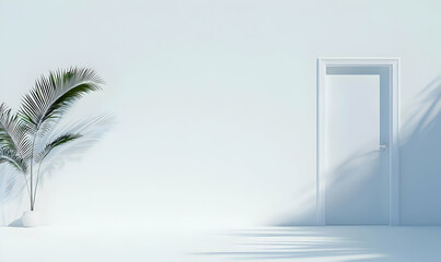Poster - Minimalist Room with White Door and Green Plant in Bright Setting