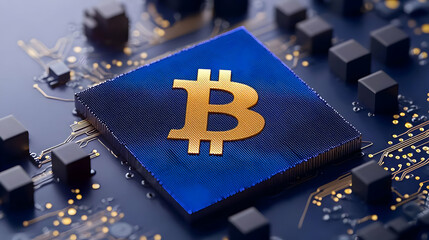 Poster - Golden Bitcoin Symbol with Circuit Board Background Detail and Texture