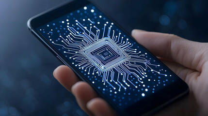 Poster - Hand Holding Smartphone Displaying Digital Circuit Board Concept