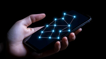 Poster - Hand Holding Smartphone with Digital Lock Pattern Overlay